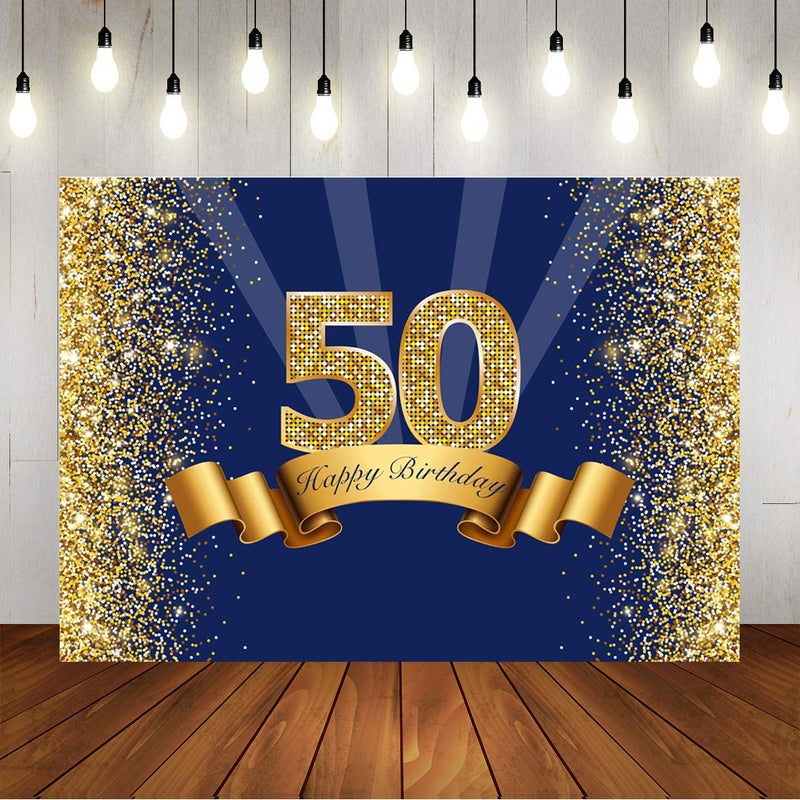 LoveInM Happy 50th Birthday Backdrop Navy Blue and Glitter Gold Photography Background Shiny Adult Men Fifty Years Old Age Birthday Party Decorations Supplies Photo Banner Photobooth Props 7x5ft - Image 1